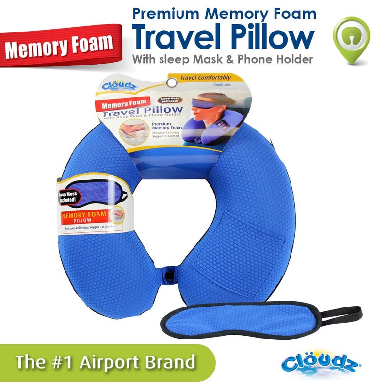 Cloudz - Memory Foam Neck Pillow with Sleep Mask: Sporty Blue/Black Plush - Image 2